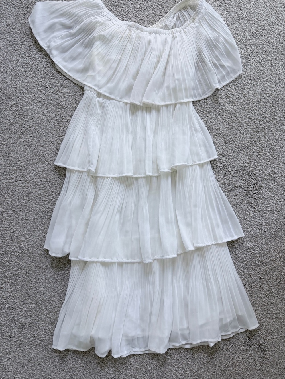 Off-Shoulder White Tiered Pleated Dress